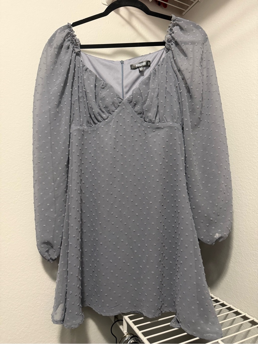 Missguided Light Gray Swiss Dot Long Sleeve Mini Dress